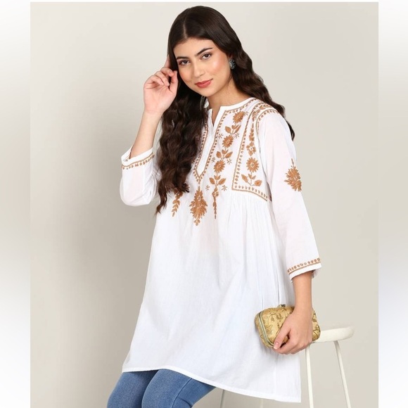 Vahson Handmade Short Chikan Cotton Kurti Embroidered Womens Sz Large White NEW - Picture 3 of 15
